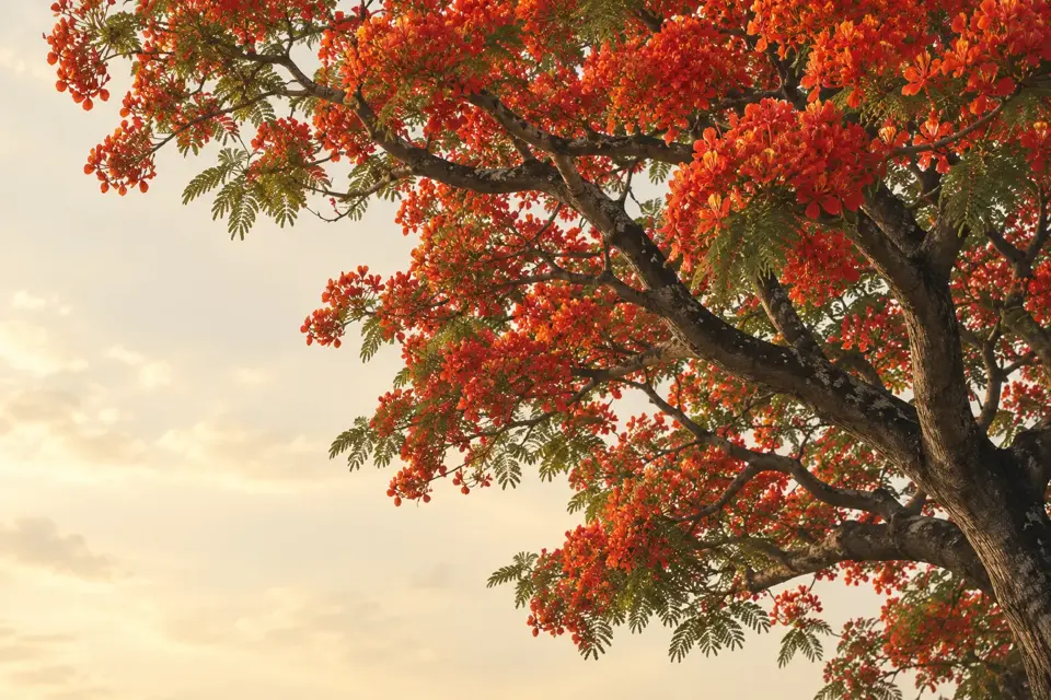 Orange-red flamboyán blossoms above dark, spreading branches